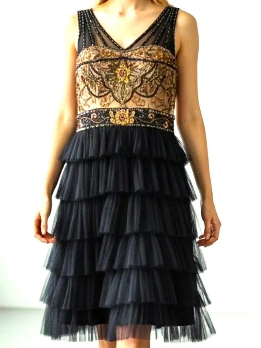 Sue Wong Black Tiered Tulle Skirt with Gold Embroidered Bodice Dress Size 6